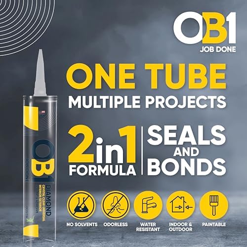 OB1 Universal Caulk Sealant & Adhesive Diamond Crystal Clear 10.1oz | Professional Grade All-in-One Advanced Hybrid | Water Resistant Internal & External | Shrink Crack & UV Resistant | 1 Cartridge