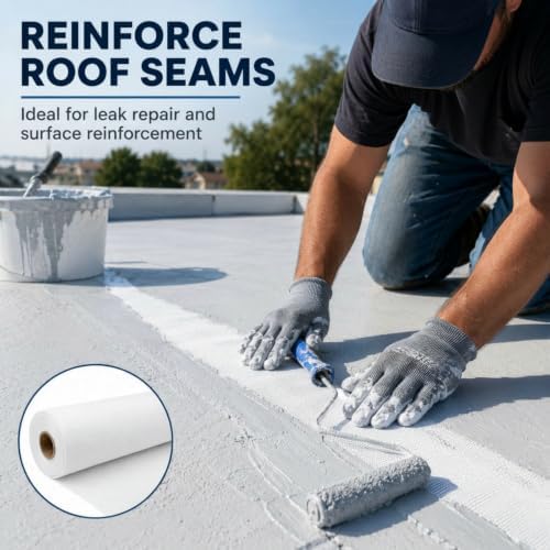 Contouring Polyester Roof Reinforcement Fabric White, 40 in x 162 ft Elastomeric Roof Coating, Roofing Tool and Fabric Sealer to Reinforce Strength for Roofs
