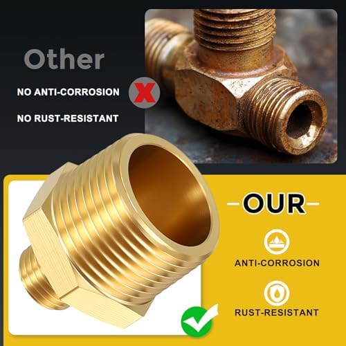 METALLIXITY 4PCS 3/8" MNPT x 1/4" MNPT Thread Brass Hex Nipple Adapter | Male Straight Extension Adapters, Brass Pipe Fittings for Water Line, Tub Spout/Shower Head