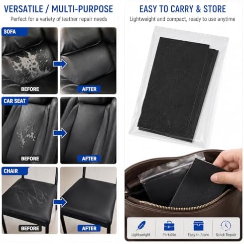 2PCS 8×4 Inch PU Leather Patch for Car Seat Repair, Self-Adhesive Leather Repair Patch Tape for Vinyl Leather Upholstery, Car Seat Furniture Repair Kit (Black)