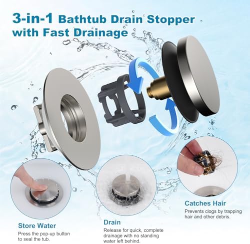Hibbent 3 in 1 Metal Bathtub Drain Stopper, Universal Pop Up Tub Stopper