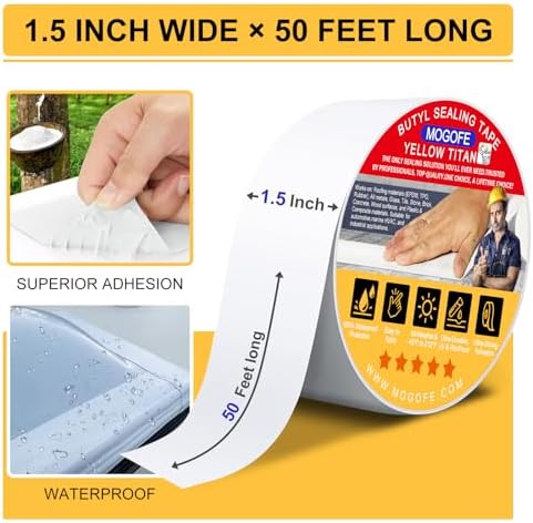 Yellow Titan RV Roof Sealant Tape White 1.5" x 50' Waterproof Tape | Camper Roof Sealant Tape,RV Roof Patch,RV Roof Repair Tape,Butyl Tape,40mil/1.0mm,Temp:-40°F–212°F,DualSeal Ultra-Bond Tech