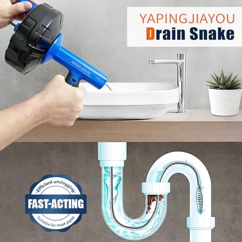 33-Feet Drain Snake Auger Kit, Plumbing snake, Manual or Electric drain snake with Auto-Retract/Feed, for Kitchen, Bathroom, Shower, and Floor Drain sauger，Include Gloves Storage Bag etc (Blue)