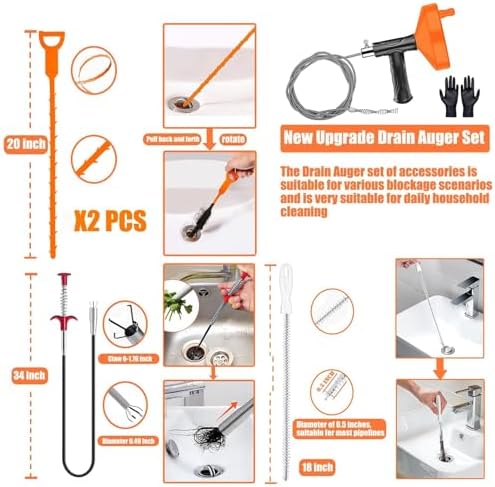 Drain Snake Auger, Plumbing Snake Drain Hair Clog Removal Tool, Sink Unclogger Drain, Heavy Duty Drum Auger, Cleaner Tool for Bathroom Kitchen Tub Shower Drain Clog Remover with Gloves (33 Feet)