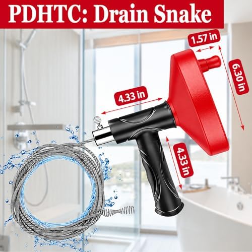 Drain Snake Auger, Plumbing Snake Drain Hair Clog Removal Tool, Heavy Duty Snake Auger, Sink Unclogger Drain Cleaner Tool for Bathroom Kitchen Tub Shower Drain Clog Remover with Gloves, Red（33 Feet ）