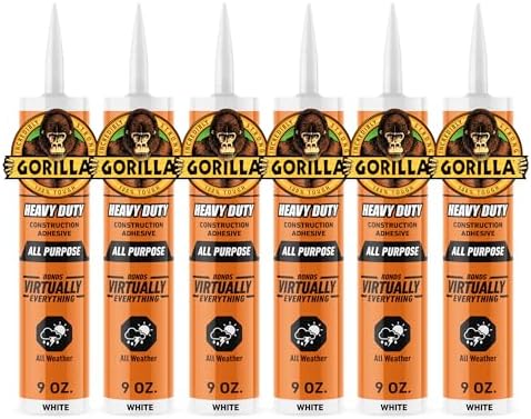 Gorilla Heavy Duty Construction Adhesive, White Glue, 9 Ounce Cartridge (Pack of 6) - Gap Filling and Waterproof