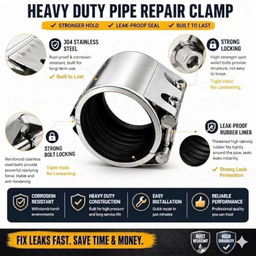 Pipe Repair Clamp,6 inch(158mm-161mm) Stainless Steel Leak Sealer, Heavy Duty Pipe Leak Repair Kit for Metal & PVC Pipes, for Burst & Crack Water Pipe Emergency Maintenance