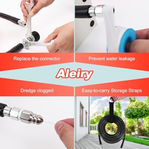 Sewer Jetter Kit for Pressure Washer,Water Jet Drain Cleaning Hose with Corner Rotating Button Spring Nose 1/4" NPT Sewer Cleaning Tool High-Pressure Nozzles,5800 PSI 100 FT