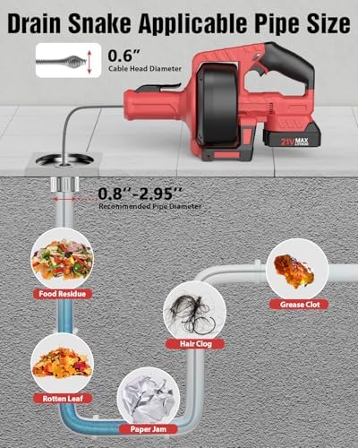 Ublue 21V Cordless Electric Drain Auger, 25Ft Auto Feed Drain Snake for Clog Remover with 2.0Ah Battery, Plumbing Snake for Sink Toilet Bathroom Shower Pipes 3/4"-2.95", Included Bag Gloves Rag
