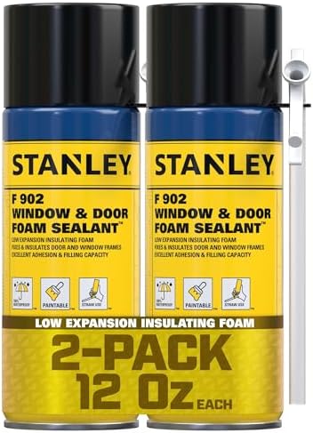 Stanley F902 Window & Door Foam Sealant (2x12 Oz.) – Low Expansion Polyurethane Insulating Spray Foam | Gaps and Cracks Filler for Window & Door Frames, Waterproof Sealant with Straw | 12 Oz. 2 Pack