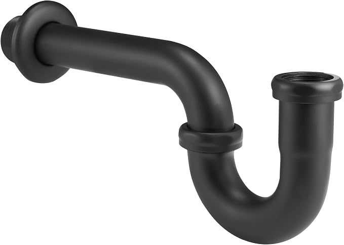 18 Gauge Solid Brass P-Trap 1 1/4” OD, Heavy Duty Brass Tubular J Bend Pipe Connector, Decorative Bathroom Basin Sink Waste Trap Drain Kit with Flange and Gasket Washers, Matte Black