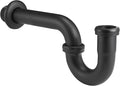 18 Gauge Solid Brass P-Trap 1 1/4” OD, Heavy Duty Brass Tubular J Bend Pipe Connector, Decorative Bathroom Basin Sink Waste Trap Drain Kit with Flange and Gasket Washers, Matte Black