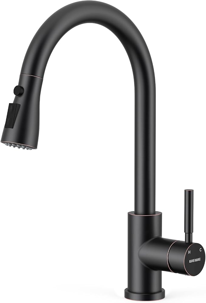WEWE Pull-Down Kitchen Faucet, 3-Mode Sprayer, Oil Rubbed Bronze, High Arc