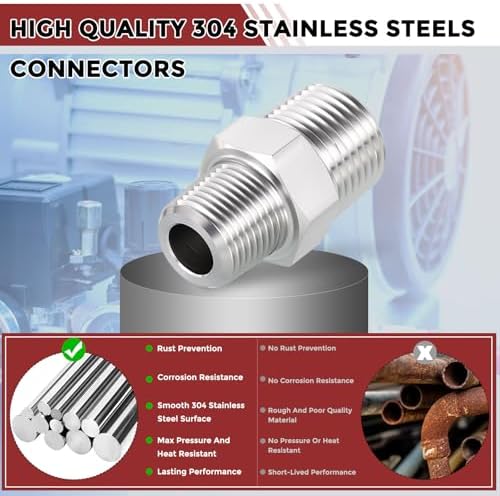 Pack of 2, 1/2" Male NPT to 3/8" Male NPT SUS304 Hex Nipple | Solid Male Pipe Adapter Hose Connectors with Sealing Tape for Pipe Repair, Bathroom Remodel, Tool Extensions, Compression