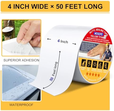 Yellow Titan RV Roof Sealant Tape White 4 in x 50 ft Waterproof Tape | Camper Roof Sealant Tape,RV Roof Patch,RV Roof Repair Tape,Butyl Tape,40mil/1.0mm,Temp:-40°F–212°F,DualSeal Ultra-Bond Tech