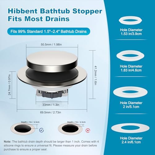 Hibbent 3 in 1 Metal Bathtub Drain Stopper, Universal Pop Up Tub Stopper