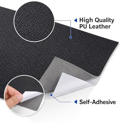 2PCS 8×4 Inch PU Leather Patch for Car Seat Repair, Self-Adhesive Leather Repair Patch Tape for Vinyl Leather Upholstery, Car Seat Furniture Repair Kit (Black)