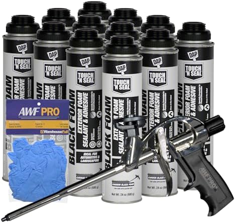 DAP Touch N Seal Black Spray Foam Sealant for RV, Pond, Waterfall & Landscape - UV Resistant, Class A Fire Rated, Waterproof, Polyurethane Adhesive with AWF PRO Gloves and Foam Gun (Pack of 12)