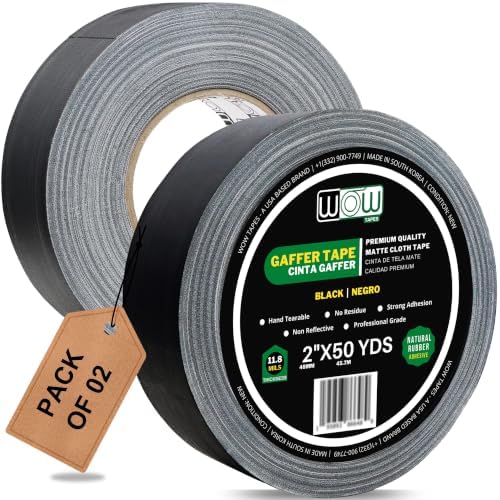 Wow Gaffers Tape 2 Inch Black - 50 Yards (Pack of 2), Residue Free, Non-Reflective & Heavy-Duty - Professional Grade Gaff Tape - Ideal for Photography Backdrop, Cables, Cords & Floor Taping