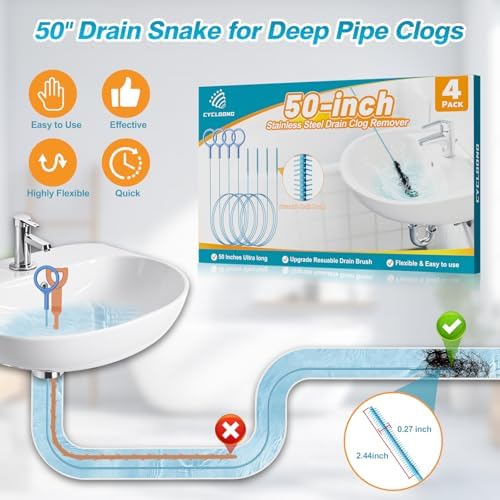 50 Inch Drain Snake Hair Drain Clog Remover Tool for Bathroom Sink – 4 Pack