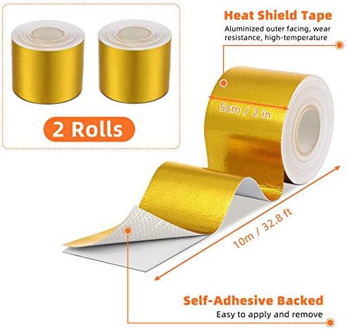 Zonon 2 Rolls Aluminum Foil Tape Heat Shield Tape Barrier Adhesive Reflective Fiberglass Thermal Insulation Reflective Material High Temp Protection (Gold,2 Inch X 32.8 ft)