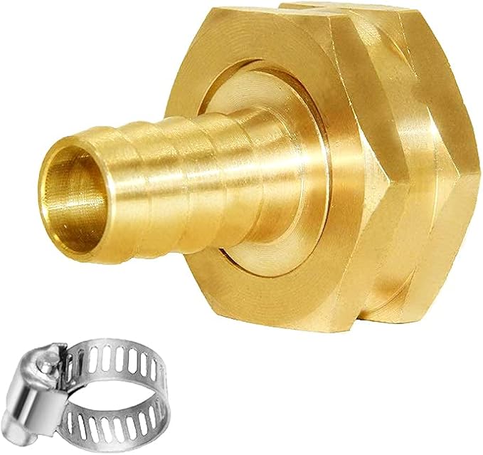 Joywayus 1/2" Barb x 3/4" GHT Female Hex Brass Garden Hose Repair Connector | Swivel, Water Pipe Connector, Copper Fitting, Stainless Clamp, House/Boat/Lawn/Power Wash/Irrigation