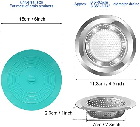 V-TOP Kitchen Drain Strainer Stopper 4 Pack, Universal 6 Inch Silicone Plug Anti-Clogging Stopper Cover, 4.5 Inch Stainless Steel Basket Strainer Food and Hair Catcher
