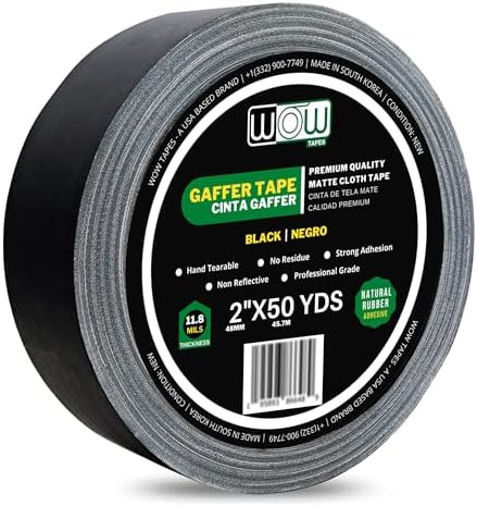 Wow Gaffers Tape 2 Inch Black - 50 Yards, Residue Free, Non-Reflective & Heavy-Duty - Professional Grade Gaff Tape - Ideal for Photography Backdrop, Cables, Cords & Floor Taping