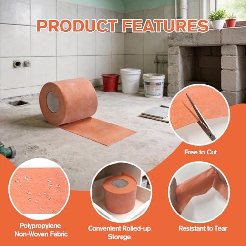2 Roll Waterproofing Membrane, 5Inch X 98.4Ft 20Mils Thick Waterproof Membrane for Shower Polyethylene Fabric Tile Underlayment Seam Tape for Tile Wall Floors, Sauna Steam Room