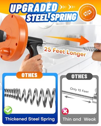 Drain Auger, 25FT Drain Snake with Drill Adapter, Flexible Plumbing Snake Clog Removal Tool with Gloves & Cloth Bag, Use Manually or Powered for Kitchen Bathroom Shower Sink