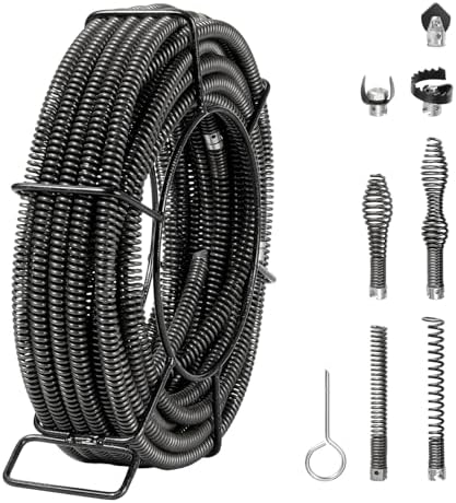 VEVOR Drain Cleaning Cable 66 FT x 5/8 Inch, Professional Sectional Drain Cleaner Cable with 7 Cutters for 0.8" to 3.9" Pipes for Hollow Core Sewer Cleaner Auger Sink, Toilet