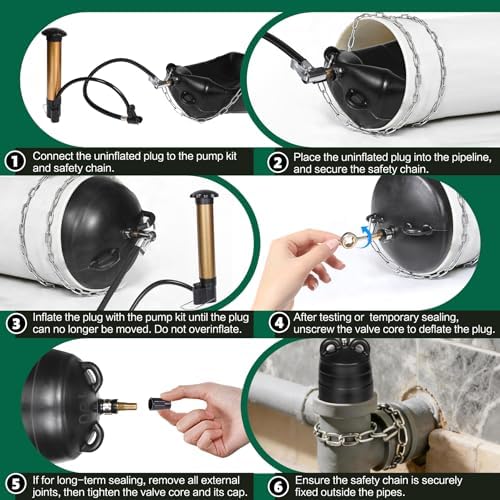 6 Inch Inflatable Pipe Plug Kit with Fast Air Pump & Extension Hose, Heavy Duty Rubber Sewer Test Ball with Safety Chain & Valve Tool for Drain Blocking & Leak Testing(Fits 5.8"-6.2" Pipes)