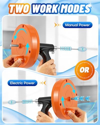 Drain Auger, 25FT Drain Snake with Drill Adapter, Flexible Plumbing Snake Clog Removal Tool with Gloves & Cloth Bag, Use Manually or Powered for Kitchen Bathroom Shower Sink