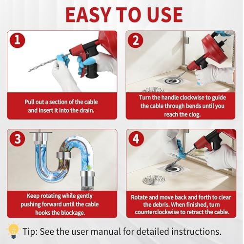Drain Snake 35 Ft with Drill Attachment, Auto Feed 1/4 Inch Plumbing Snake for Sink, Shower & Tub Clogs, Manual or Drill-Powered Drain Auger, with Gloves, Safety Glasses & Storage Bag