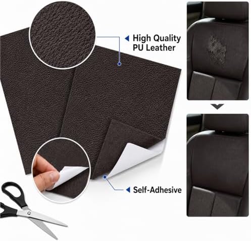 2PCS 8×4 Inch PU Leather Patch for Car Seat Repair, Self-Adhesive Leather Repair Patch Tape for Vinyl Leather Upholstery, Car Seat Furniture Repair Kit (Deep Coffee)