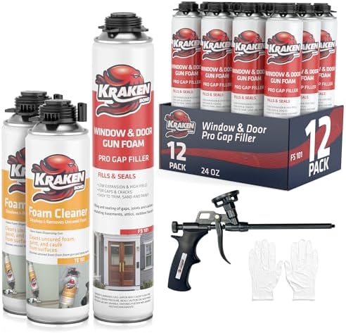 Kraken Bond Window & Door Expanding Foam Sealant - (12x24oz) Professional Gap Filling Gun Use Polyurethane Spray Foam, Low Expansion Waterproof Gap Filler, Gun&Cleaner Included - 12 Pack