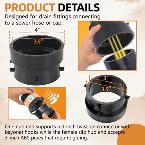 TonGass T1029-2 RV Sewer Termination Adapter with Thread Seal Tape | 3" Hub x 3" Bayonet RV Sewer Hose Termination Adapter, Camper Sewer Termination Adapter to 3" PVC