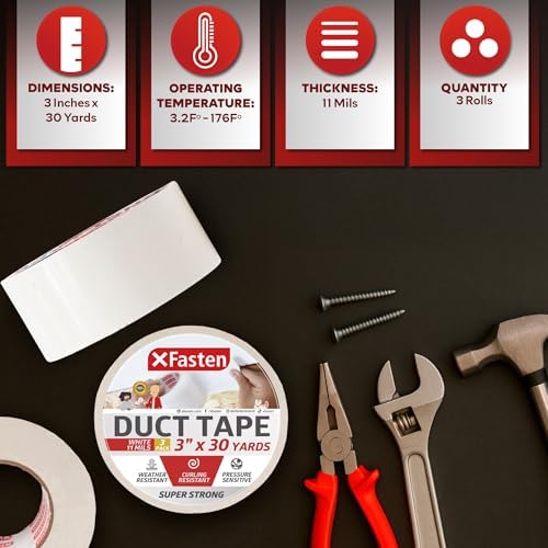 XFasten Super Strong White Duct Tape 3 Inch x 30 Yards 3-Pack (90Yds Total) White Outdoor Tape White Duct Tape Heavy Duty Waterproof, Easy to Tear Travel Duct Tape Bulk for Smooth and Rough Surfaces
