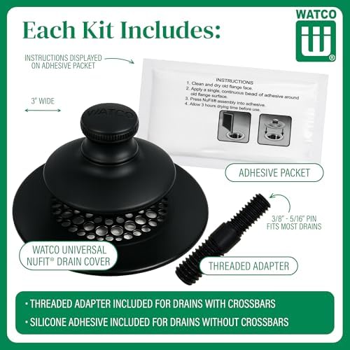 Watco Universal NuFit Push Pull Stopper, Silicone, 3/8 in. to 5/16 in. Combo Pin, Friction Pin, Grid, Universal Bath Tub Drain Stoppers, Easy Install, Hair Catcher, Replacement Tub Drain, Matte Black