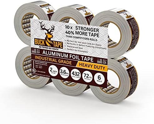 6 Pack Buck Aluminum Foil Tape – 2 Inch x 216ft (72 yd), 3.6 Mil – HVAC Tape for Ductwork, AC, Dryer Vents & Insulation – Silver Foil Tape for Metal Repair, Exhaust Sealing & Air Conditioning