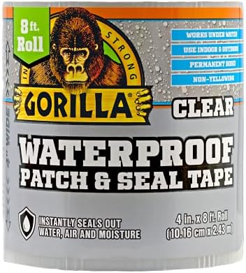 Gorilla Waterproof Patch & Seal Tape, Clear Tape, 4" x 8' - Permanent Weather Resistant Seal for Leaks and Repairs (Pack of 16)