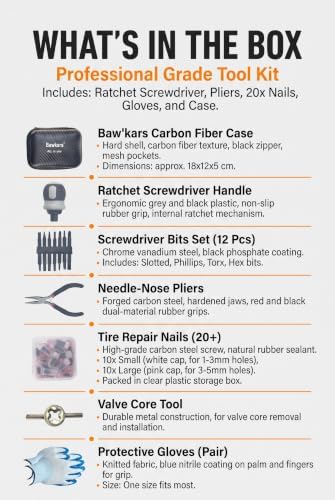 Tire Repair Rubber Nail Kit with Ratcheting Screwdriver, Needle-Nose Pliers & Organizer Case, Fast Self-Service Tool for Car, Truck, Motorcycle, Tractor Tire Puncture Repair