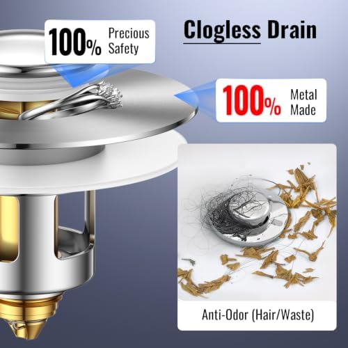 (2 Pc) 1s Installation - All Metal Bathroom Sink Stopper Fit 99% - 3 in 1 Universal Pop Up Stopper with Removable Stainless Steel Filter Basket Hair Catcher - Sink Stopper (Fast Drain Chrome)