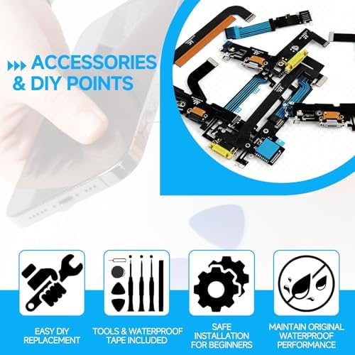 OEM for iPhone 15 Pro Lightning Charging Port Replacement (White Titanium) Original USB Dock Connector Flex Cable Assembly with Waterproof Tape Tool Kit for A2848, A3101, A3102, A3104