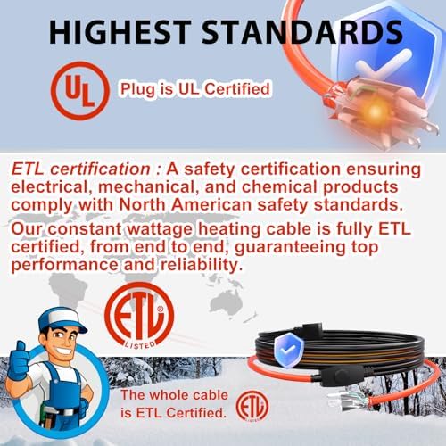 HEATIT ETL Certified 7W/ft Pipe Heating Cable with Thermostat 10 Feet | For metal & plastic water pipes, Straight-run installation, helps prevent frozen pipes during extreme winter conditions.