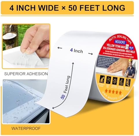 Yellow Titan MAX RV Roof Sealant Tape White 4" x 50' Waterproof Tape | Camper Roof Sealant Tape,RV Roof Patch,RV Roof Repair Tape,Butyl Tape,47mil/1.2mm,Temp:-40°F–212°F,DualSeal Ultra-Bond Tech