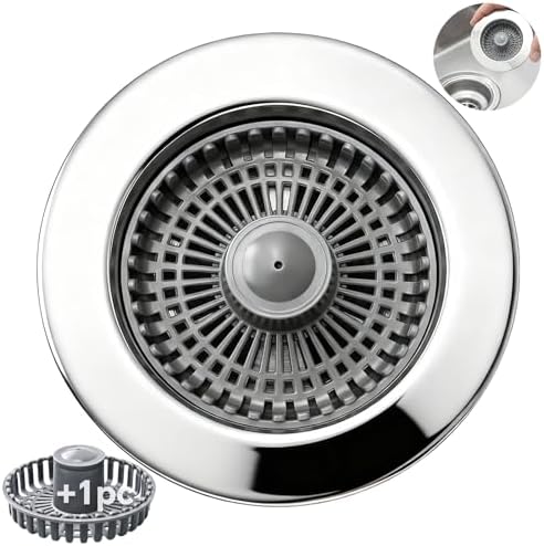 Solid Brass Body 3-in-1 Kitchen Sink Drain Strainer & Stopper, Heavy Duty Pop Up Plug Assembly with 2 Baskets, Anti-Clog Replacement for US Standard 3-1/2 Inch Drains, Rust-Proof Silver