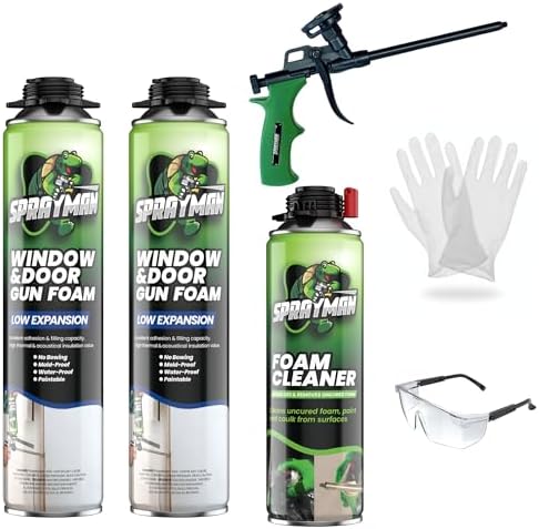 Sprayman Window & Door Expanding Spray Foam - (2x24oz) Low Expansion Polyurethane Spray Foam for Doors, Windows & Walls, Gun Use & Reuseable, Gun&Cleaner Included - 2 Pack