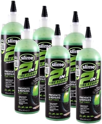 Slime 10193-6PK 2-in-1 Tire and Tube Sealant Puncture Repair Sealant, Premium, Prevent and Repair, Suitable for Non-Highway Tires and Tubes, Non-Toxic, Eco-Friendly, 6 x 16oz Bottles