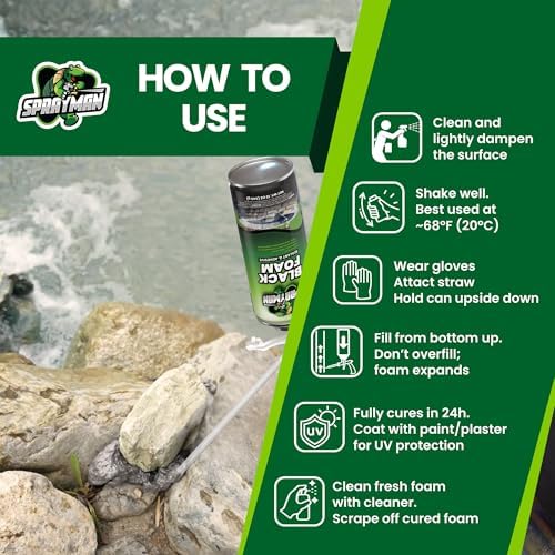 Sprayman Black Waterfall Foam Sealant - (24x12oz) Expanding Polyurethane Pond Foam Sealer, UV Resistant, Water Proof Spray for Landscape & Exterior, Straw Use, 24 Pack